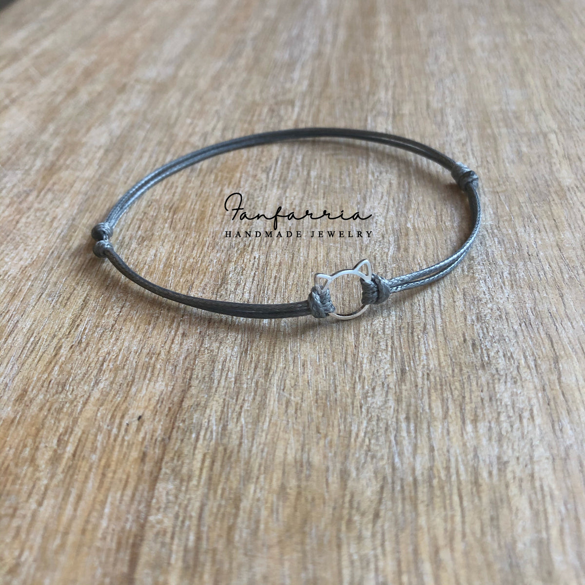 Sterling Silver Cat Anklet, Adjustable Anklet, Gray Waxed Cord, Waterproof, Cat Lover WA001599