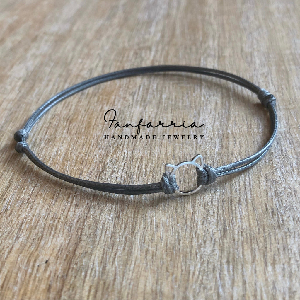 Sterling Silver Cat Anklet, Adjustable Anklet, Gray Waxed Cord, Waterproof, Cat Lover WA001599