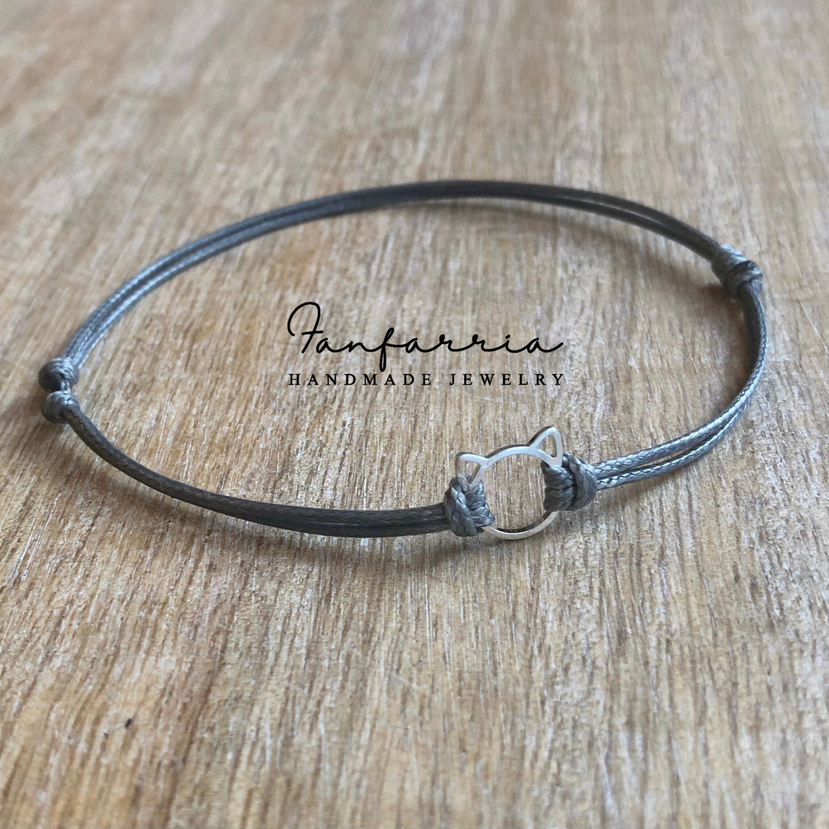 Sterling Silver Cat Anklet, Adjustable Anklet, Gray Waxed Cord, Waterproof, Cat Lover WA001599