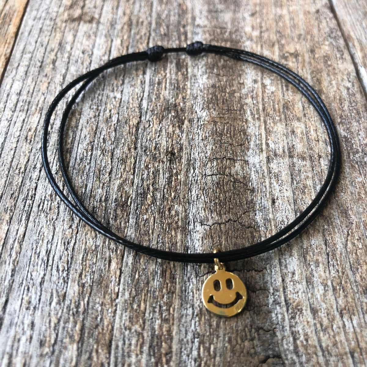 Happy Face Gold Anklet, Black Cord Anklet, Adjustable