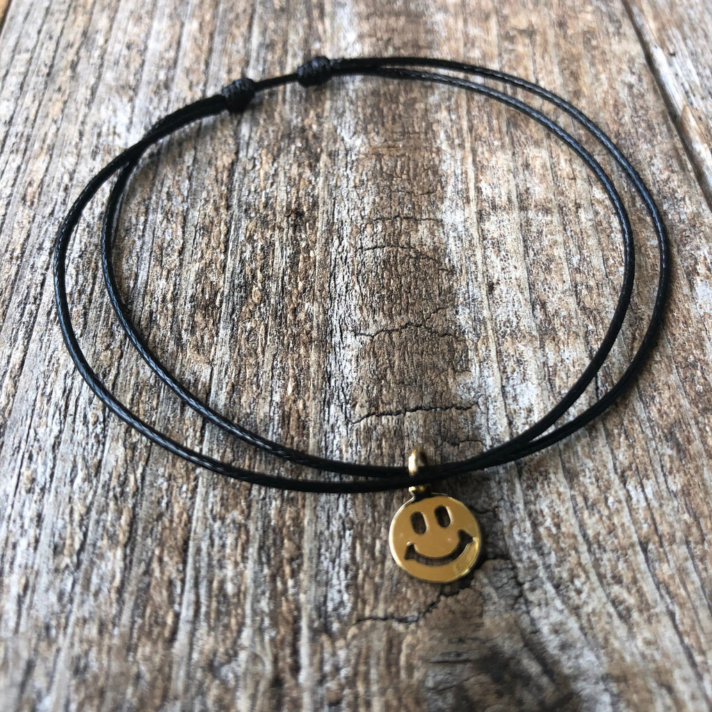 Happy Face Gold Anklet, Black Cord Anklet, Adjustable