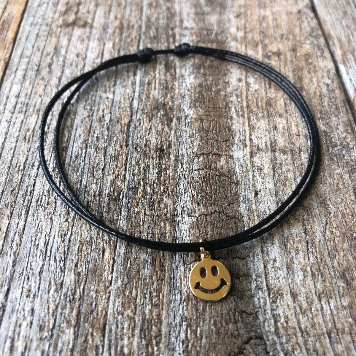 Happy Face Gold Anklet, Black Cord Anklet, Adjustable