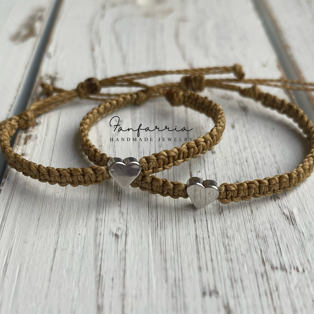 Silver Heart Tan Couple Bracelets,  His and Hers
