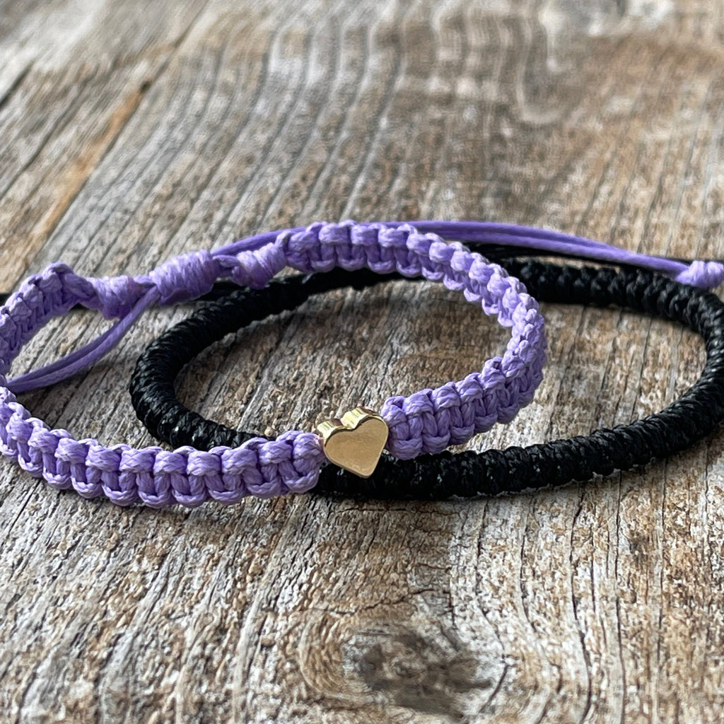 Miramar Gold Heart Couple Bracelets, Black and Purple His and Hers