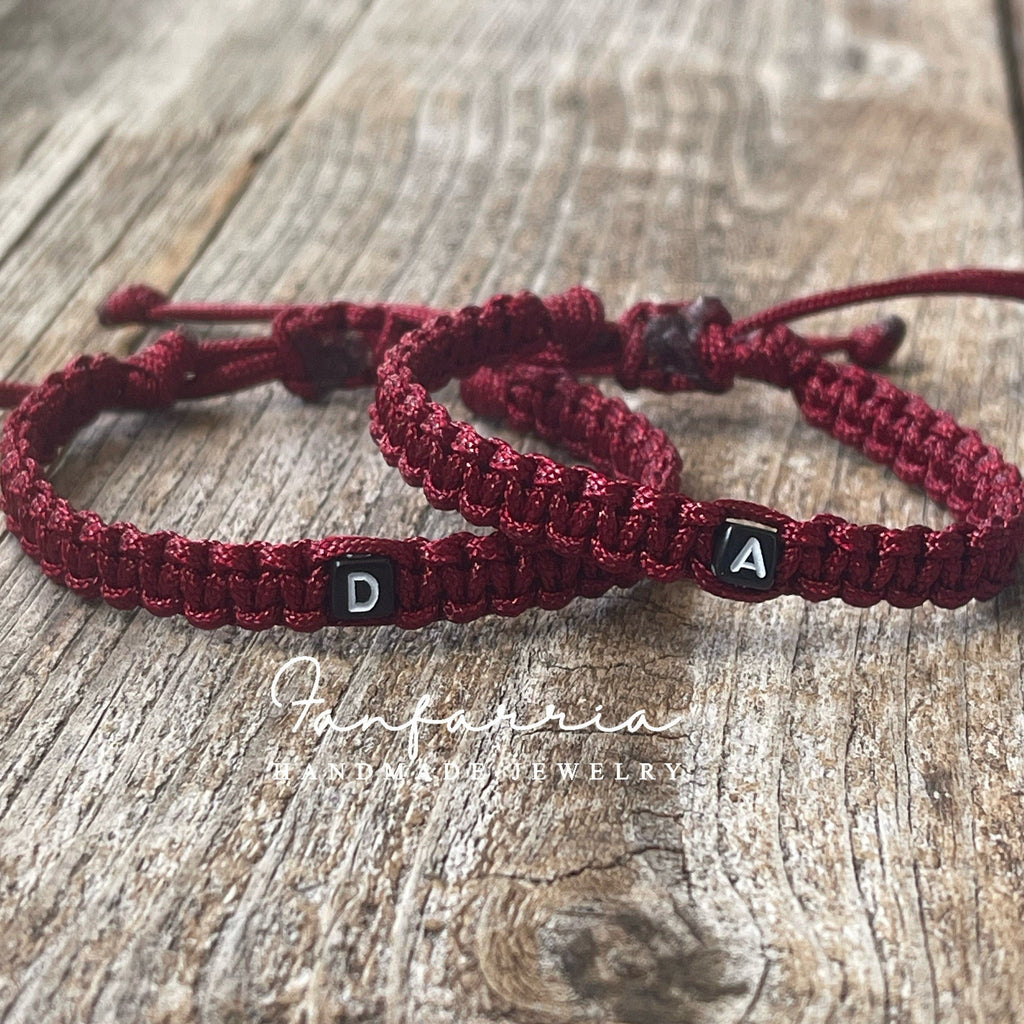 Couple Bracelets, Initials, Burgundy His and Hers, Distance, Love Knot, Anniversary gift, Matching Bracelet