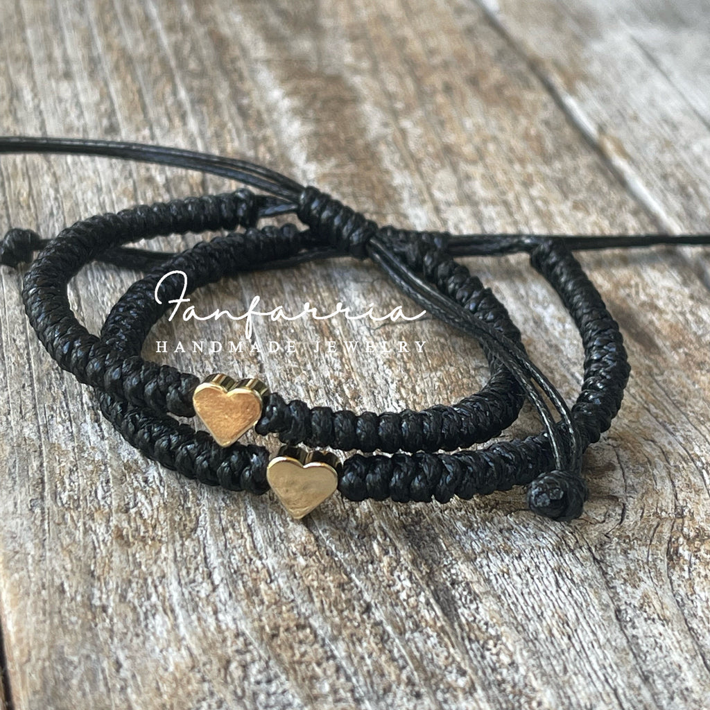 Sunset II Gold Heart Black Couple Bracelets, His and Hers
