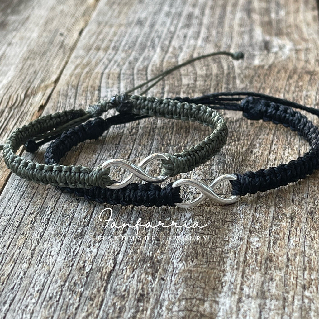Infinity Sterling Silver Bracelets, Black and Camo His and Hers Bracelets, Waterproof Cord, Adjustable