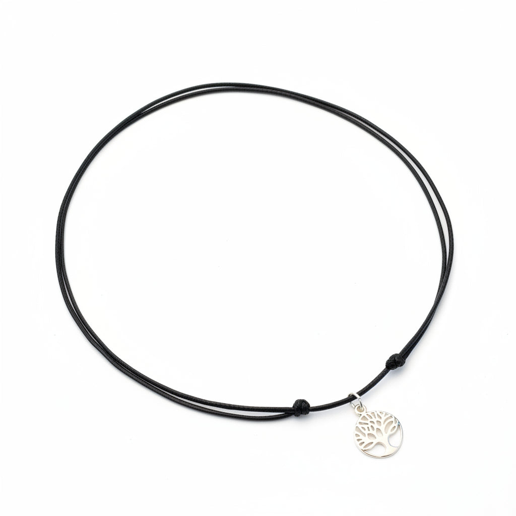 Tree of life sterling silver charm black adjustable choker necklace handmade