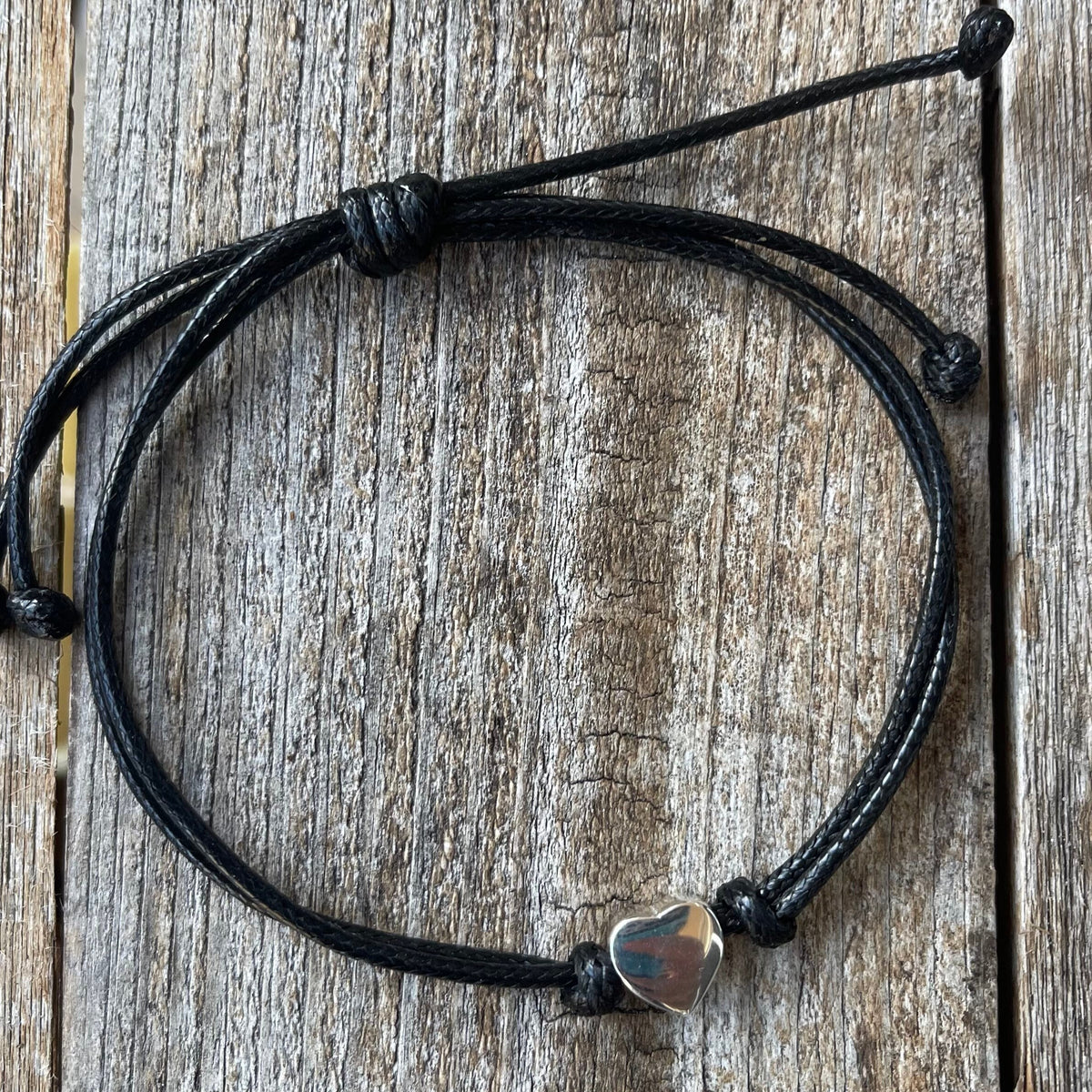 Heart Sterling Silver Anklet, Black Waxed Cord, Unisex Adjustable