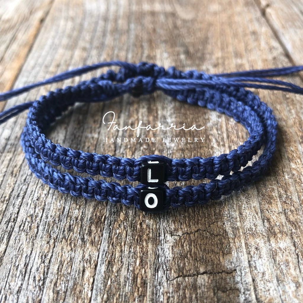 Couple Bracelets, Initials, Blue His and Hers, Distance, Love Knot, Anniversary gift, Matching Bracelets