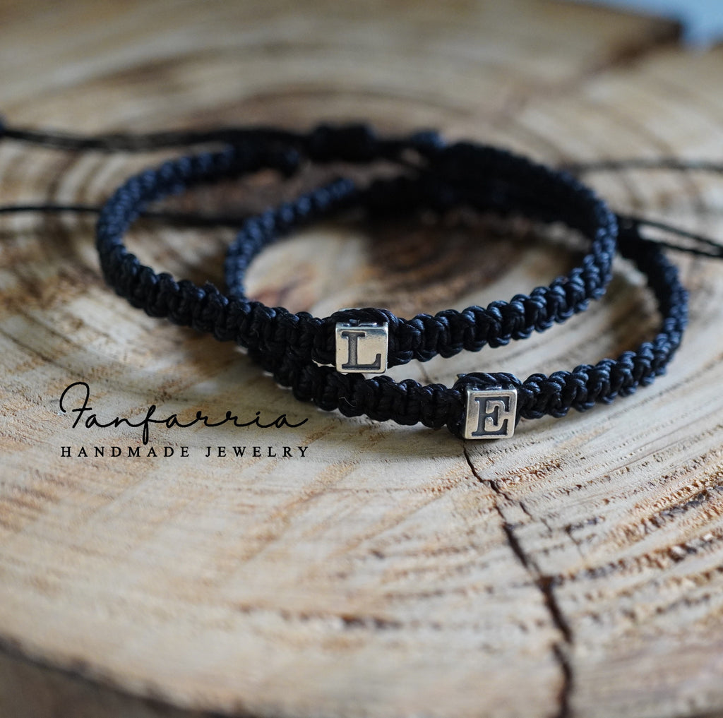 Initial Sterling Silver Couple Bracelets Black His and Hers