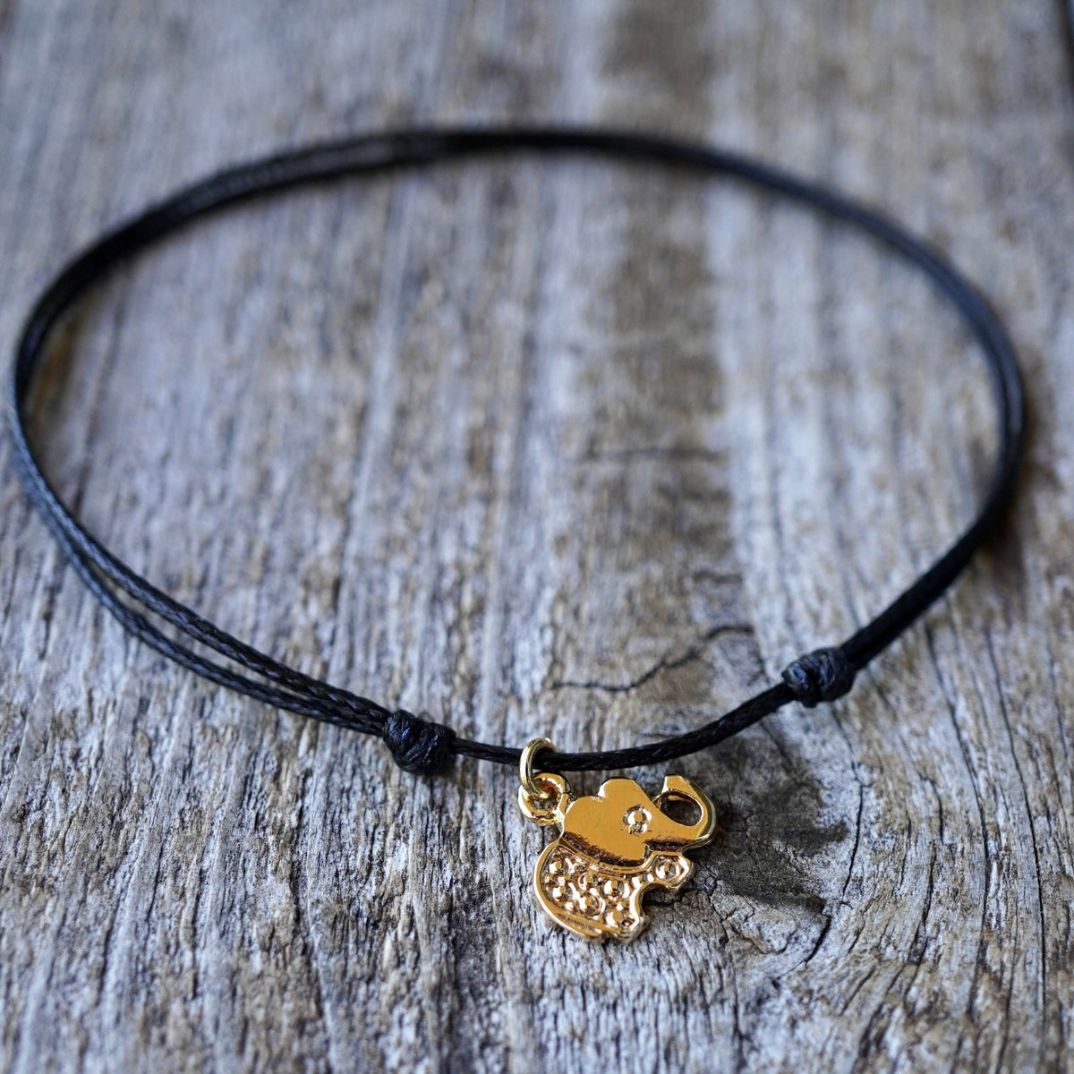 Gold Elephant Adjustable Black Anklet
