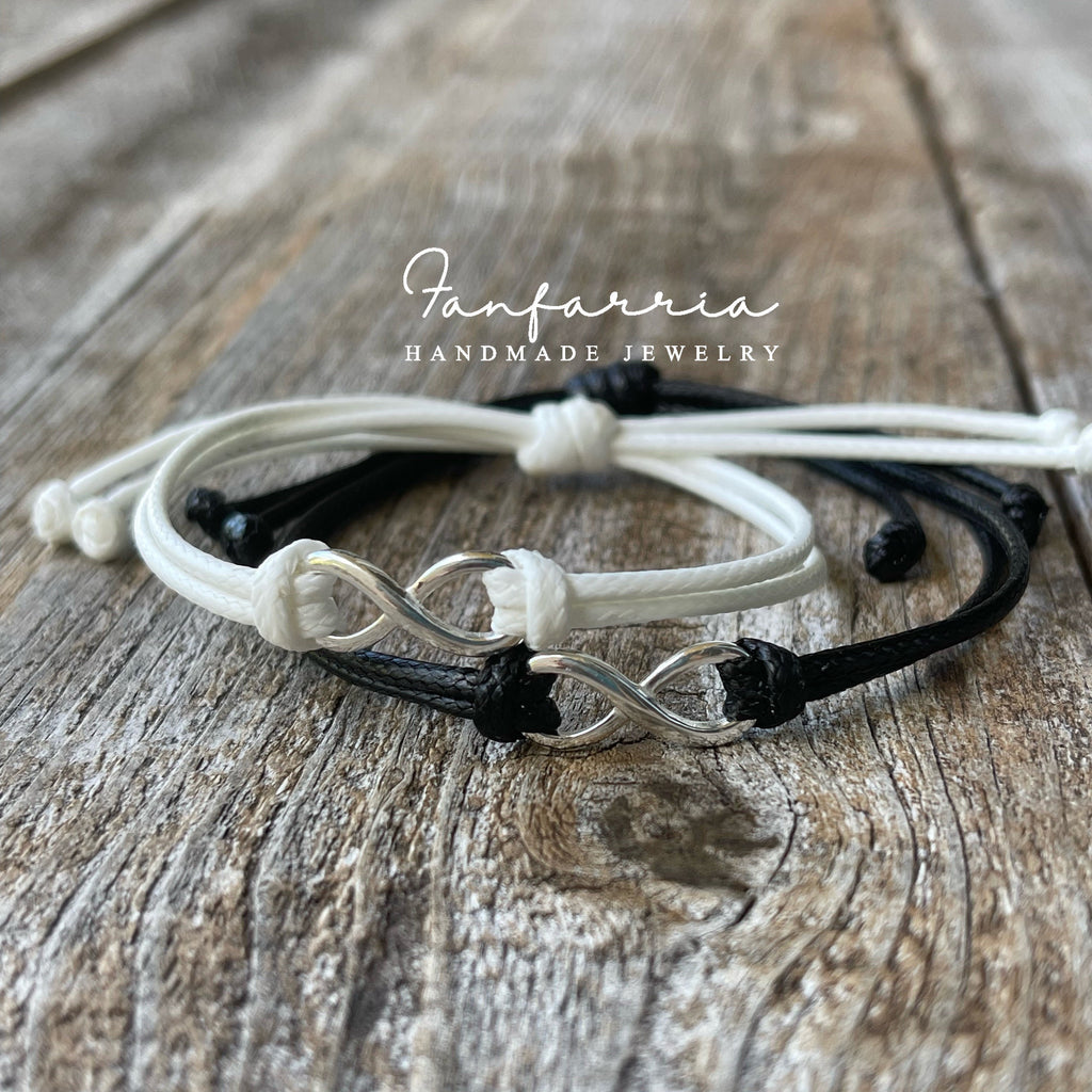 Infinity Knot Black and White Sterling Silver Couple Bracelets Waterproof