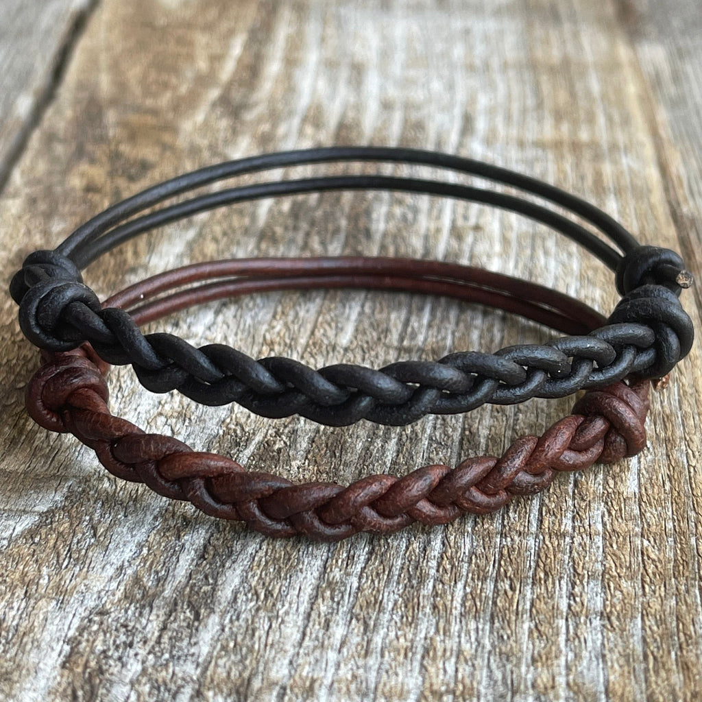 Juno, Black and Brown Braided Couples Leather Bracelet, Unisex