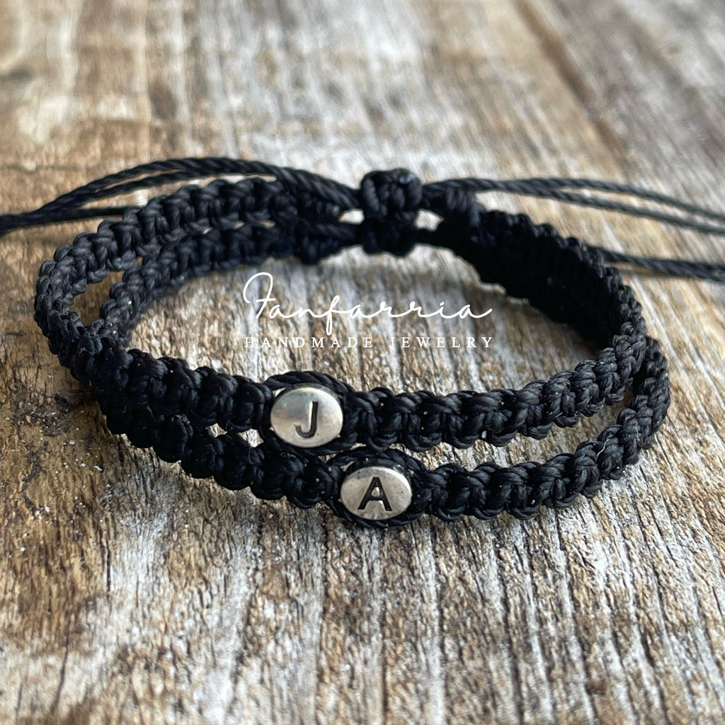 Initials Couple Bracelets, Initial, Black His and Hers Distance
