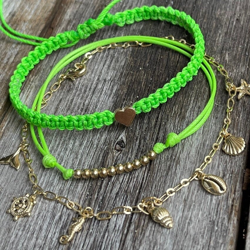 Set of 3 Neon Green Shades Bohemian Anklet or Bracelet Set