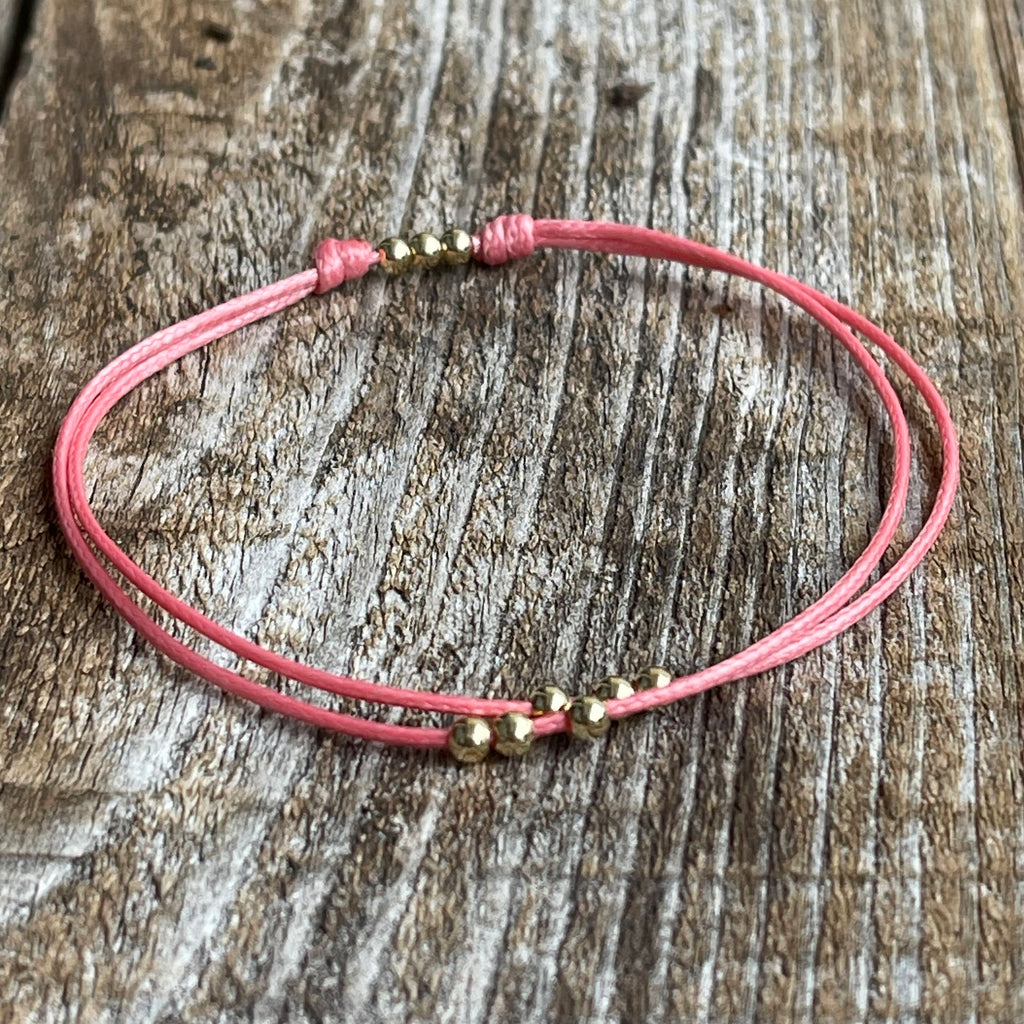 Amelia, Coral Beaded Anklet, Waxed Cord  Adjustable Anklet, Waterproof