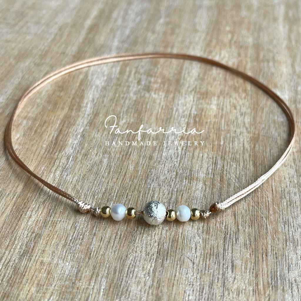 Silver Bead Adjustable Choker with Freshwater Pearls and gold accents