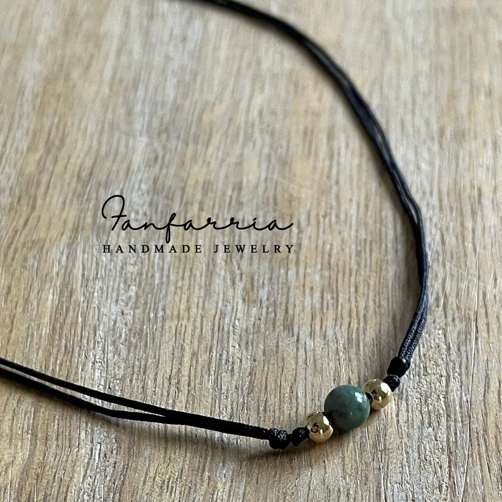Jade gold beaded choker gemstone black waxed cord adjustable waterproof handmade