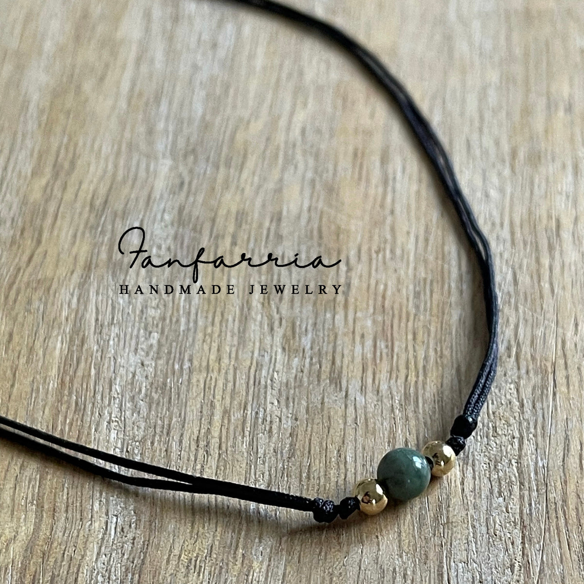 Jade gold beaded choker gemstone black waxed cord adjustable waterproof handmade