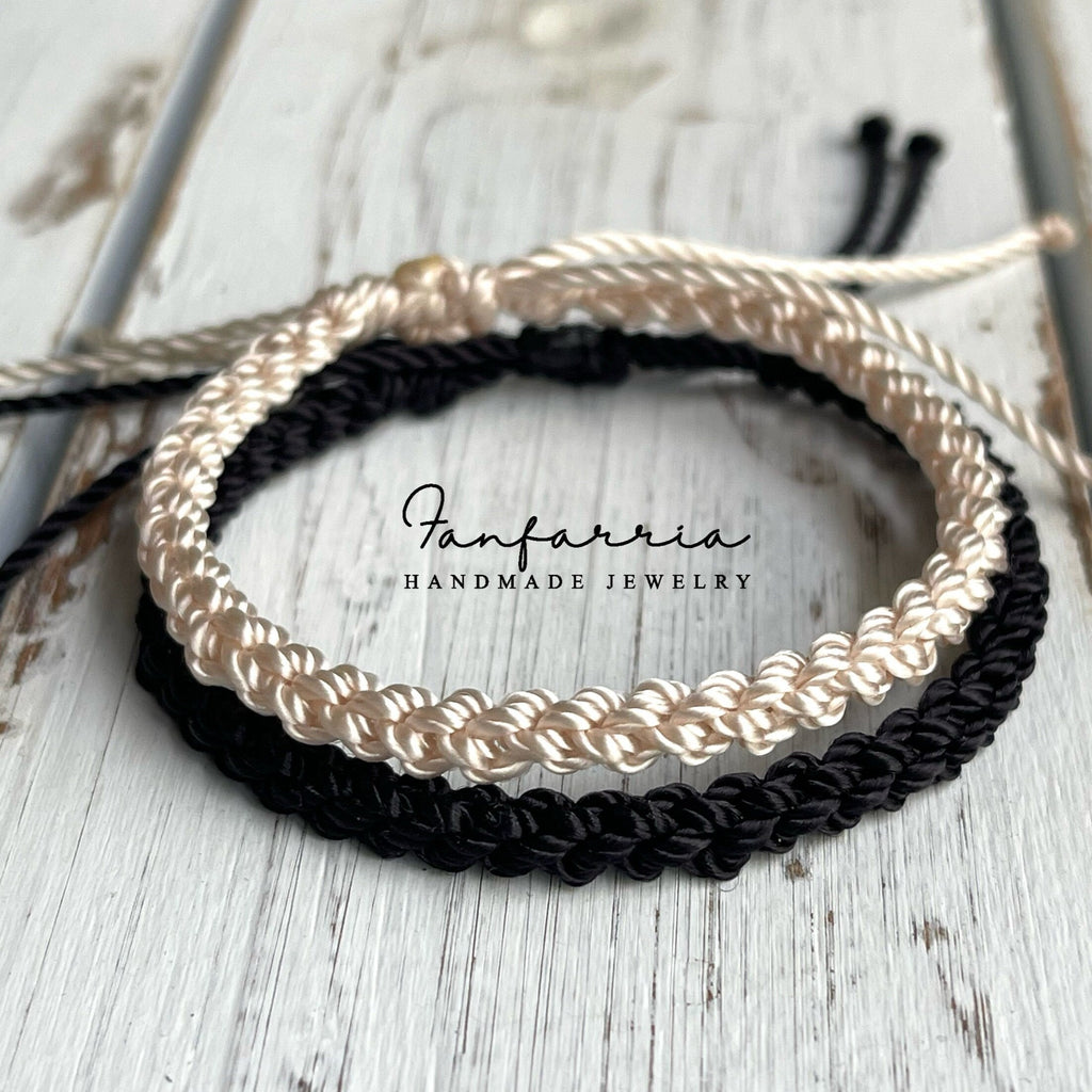 Destin II, His and Her Cream and Black Braided Couple Bracelet, Waterproof