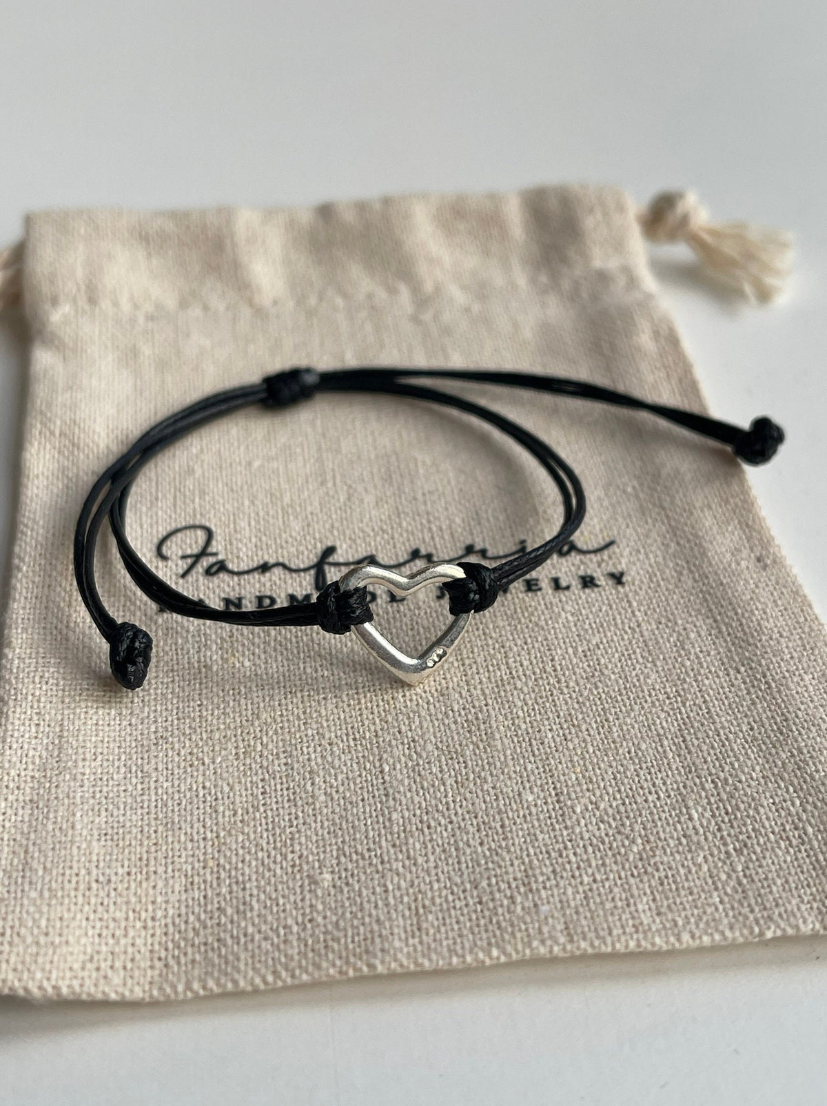 Sterling Silver heart, Black Bracelet
