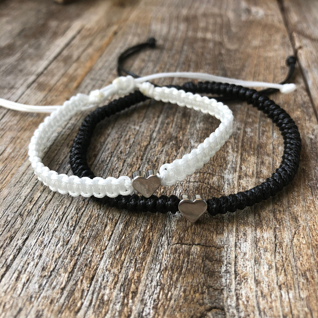 Silver Heart Black and White Couple Bracelet