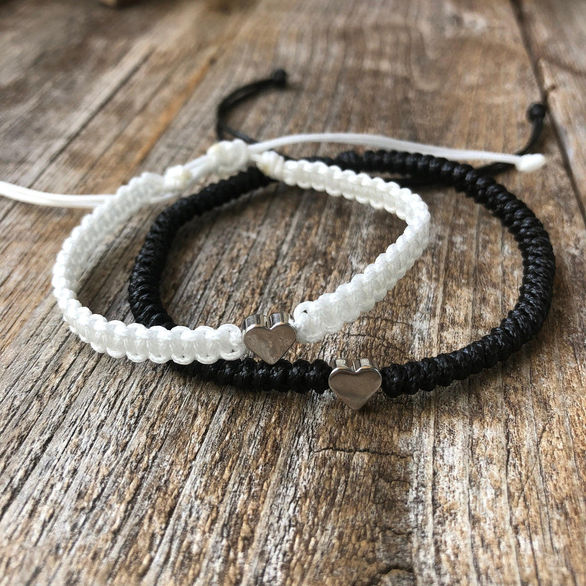 Silver Heart Black and White Couple Bracelet