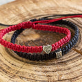Silver Heart and Sterling Silver Cube Couple Bracelet Set, Black and Red His and Hers