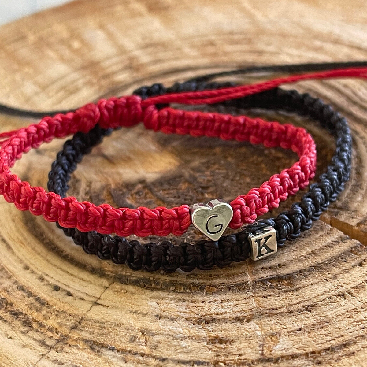 Silver Heart and Sterling Silver Cube Couple Bracelet Set, Black and Red His and Hers