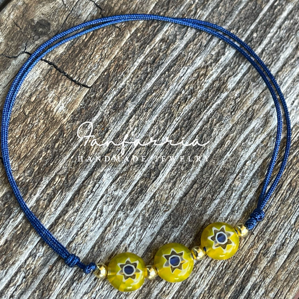 Millefiori Lampwork Glass Yellow Beads Blue Bracelet Anklet