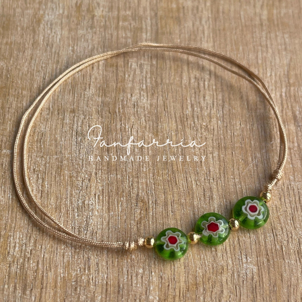 Millefiori Lampwork Glass Green Beads Beige Bracelet Anklet