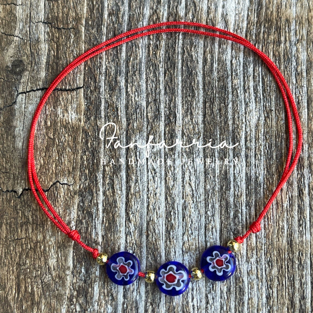 Millefiori Lampwork Glass Blue Beads Red Bracelet Anklet