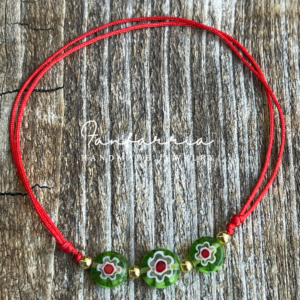 Millefiori Lampwork Glass Green Beads Red Bracelet Anklet