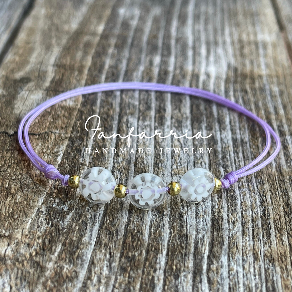 Millefiori Lampwork Glass White Beads Purple Bracelet Anklet