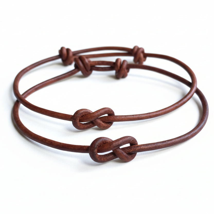 Brown leather infinity knot couple bracelet adjustable unisex 3rd anniversary gift